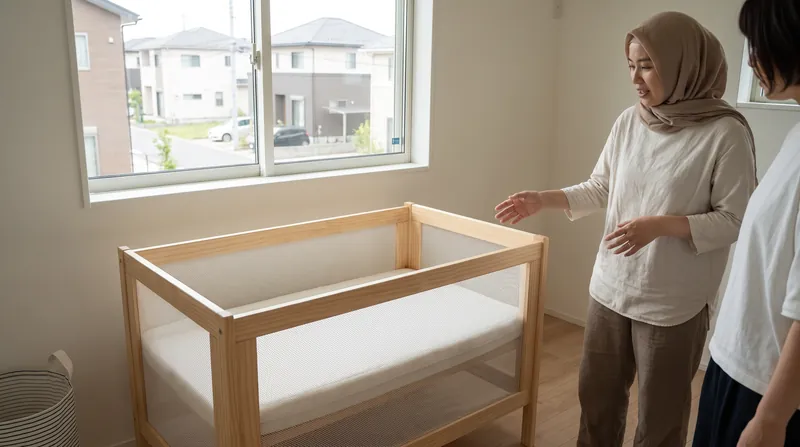 A simple, bare baby crib with a firm mattress in a brightly lit, minimalist nursery.