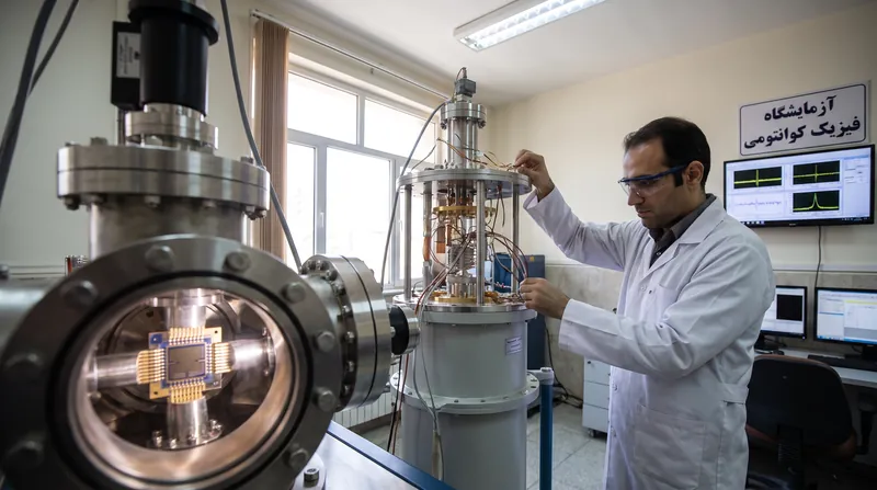 A microscopic tuning fork suspended over a glowing quantum circuit in a cryogenic laboratory setting.