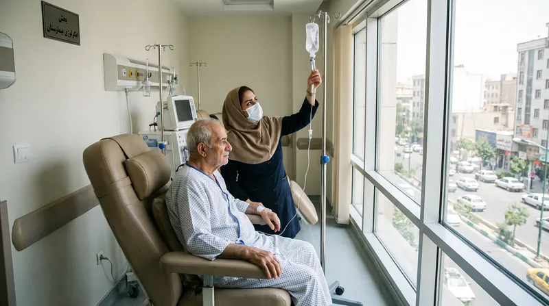 A female patient consulting with a doctor in a brightly lit modern hospital corridor in Iran.