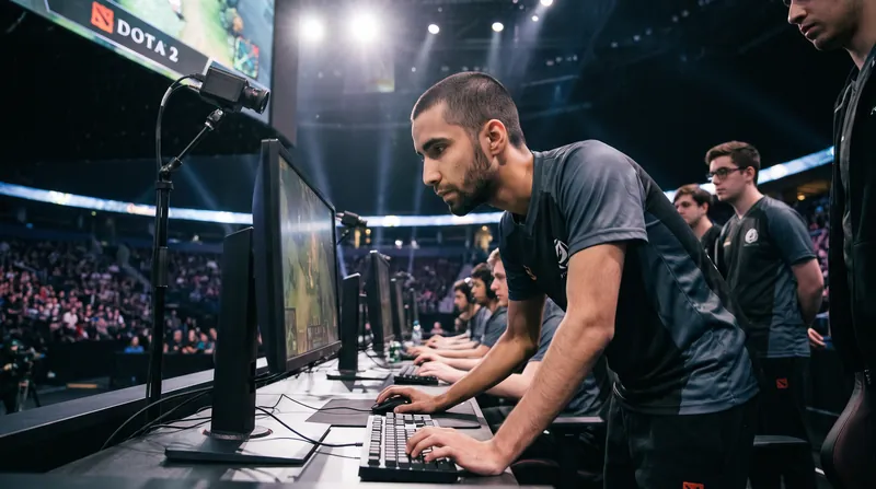 A professional esports player sitting at a computer setup on a brightly lit tournament stage.