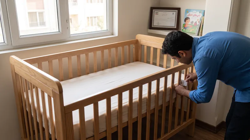 A modern wooden baby crib with a firm mattress and a fitted white sheet, completely empty of blankets or toys.