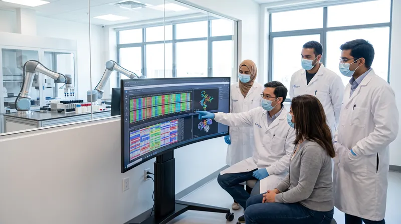 A glowing digital representation of a human body highlighting different organ systems in a modern medical laboratory.
