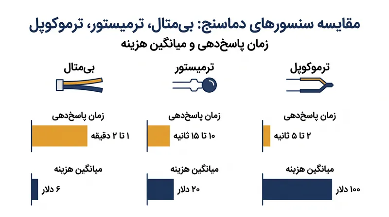 ترموکوپل‌ها سریع‌ترین زمان پاسخ‌دهی را ارائه می‌دهند اما در مقایسه با ترمیستورها و فنرهای بی‌متال قیمت بسیار بالاتری دارند.