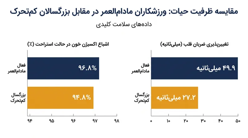 ورزشکاران مادام‌العمر نسبت به همتایان کم‌تحرک خود، اشباع اکسیژن خون و تغییرپذیری ضربان قلب بسیار بالاتری را در حالت استراحت نشان دادند.