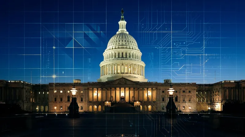 The US Capitol building at dusk with digital data streams in the sky.