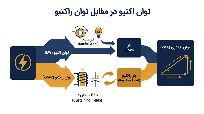 کنترل ولتاژ، توان راکتیو را مدیریت می‌کند که میدان‌های الکتریکی لازم برای جریان متناوب را حفظ می‌کند.
