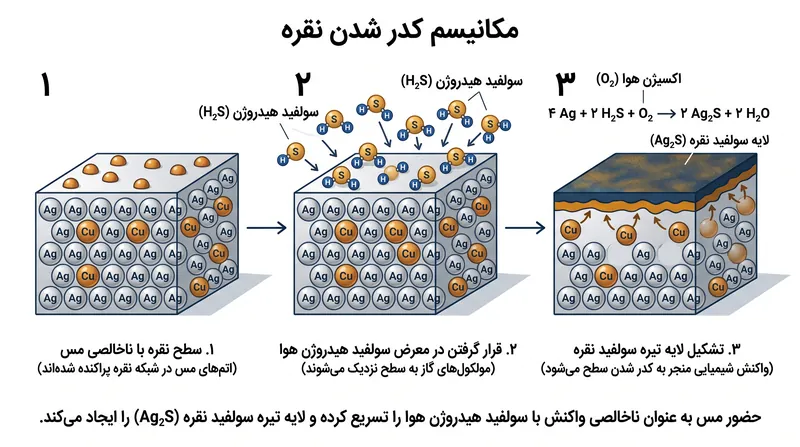 کدر شدن یک واکنش شیمیایی طبیعی بین مس موجود در نقره استرلینگ و گوگرد موجود در محیط است.