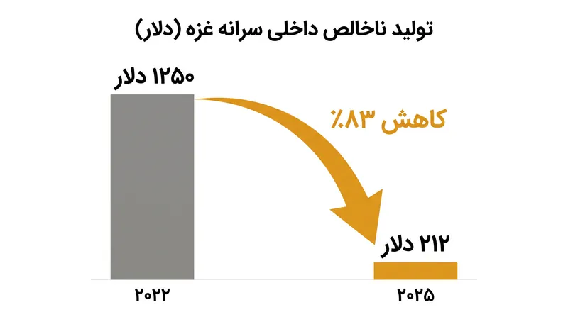 تولید ناخالص داخلی سرانه در غزه به تنها ۱۷ درصد از سطح سال ۲۰۲۲ سقوط کرده است.