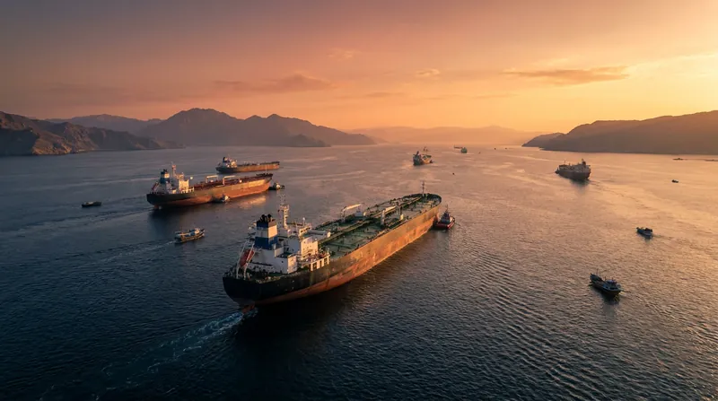 A large commercial oil tanker navigating through the Strait of Hormuz at sunset with rugged mountains in the background.