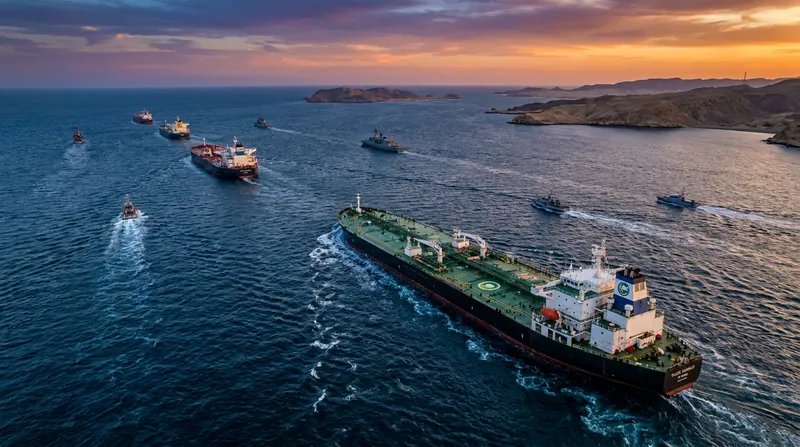An aerial view of a large oil tanker navigating the Strait of Hormuz, escorted by naval vessels in bright daylight.