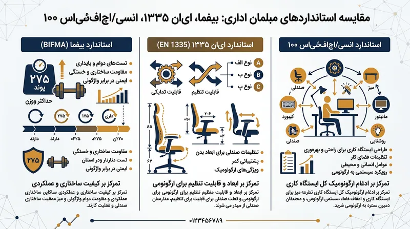 هر استاندارد جنبه متفاوتی از عملکرد صندلی اداری را می‌سنجد؛ از مقاومت فیزیکی تا تناسب ابعادی.