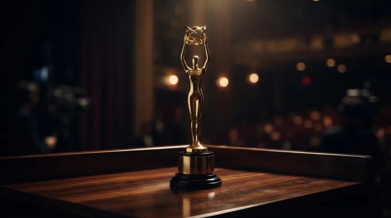 A golden colosseum award trophy on a wooden table with a film clapperboard in the background.