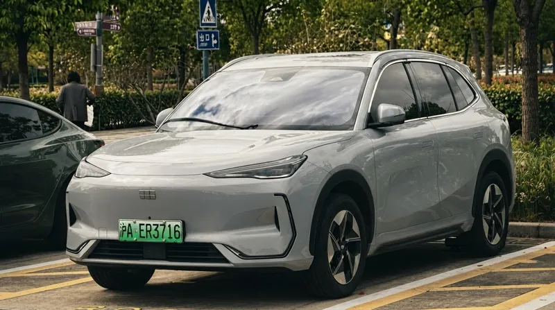A Geely EX5 electric SUV connected to a high-power charging station in a modern urban environment.