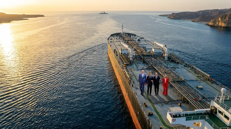 A commercial oil tanker navigating through the waters of the Strait of Hormuz.