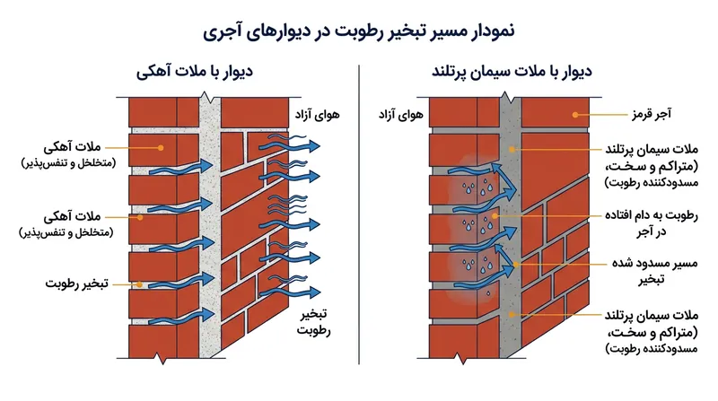 سیمان پرتلند راه فرار بخار آب را می‌بندد و رطوبت را درون بافت رسی آجر گیر می‌اندازد؛ جایی که در زمستان یخ زده و خشت را می‌ترکاند.