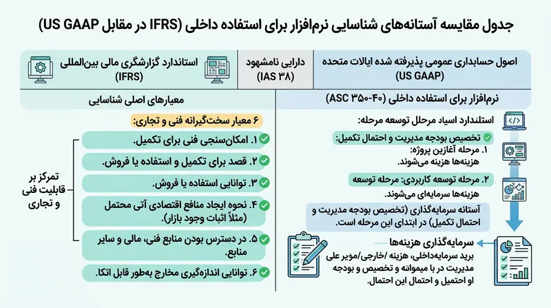 استانداردهای آمریکا در مقایسه با چارچوب صلب IFRS، سرمایه‌ای کردن زودهنگام نرم‌افزار داخلی را آسان‌تر می‌پذیرند.