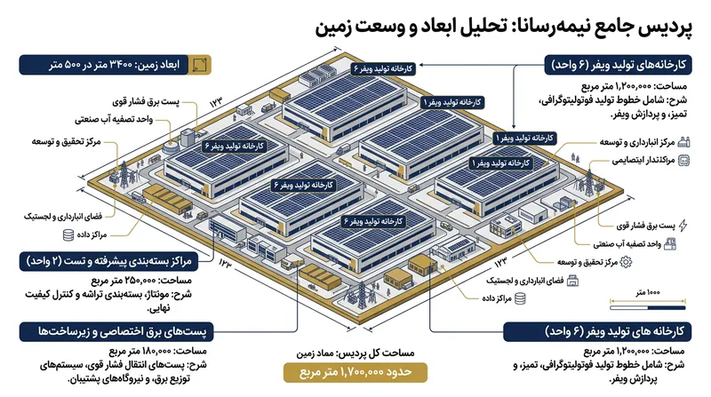 احداث یک مجتمع شش‌کارخانه‌ای نیازمند اراضی بسیار وسیع است تا بتوان خطوط تولید ویفر و مراکز بسته‌بندی پیشرفته را کنار هم تجمیع کرد.