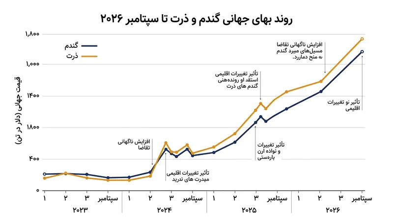 جهش بهای جهانی غلات در سپتامبر ۲۰۲۶؛ گندم و ذرت قله‌های قیمتی چندساله را فتح کردند.