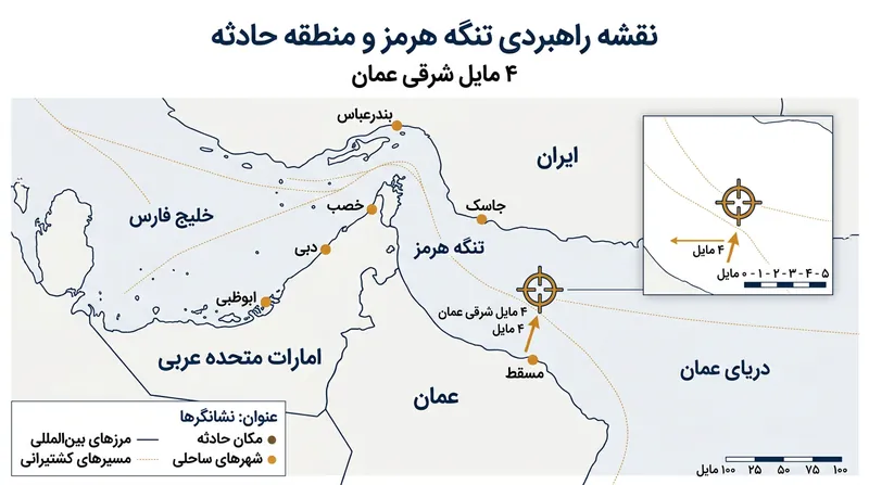 موقعیت جغرافیایی حمله به نفتکش‌ها در شرق سواحل عمان.