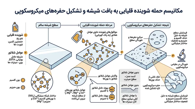 در نبود چربی‌های غذا، شوینده‌های قلیایی یون‌های فلزی را مستقیماً از دل شبکه سیلیکای شیشه بیرون می‌کشند.