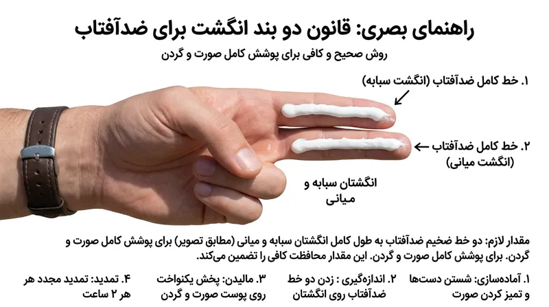 «قانون دو بند انگشت» ابزاری ملموس برای سنجش حدود یک‌چهارم قاشق چای‌خوری کرم لازم برای صورت و گردن است.