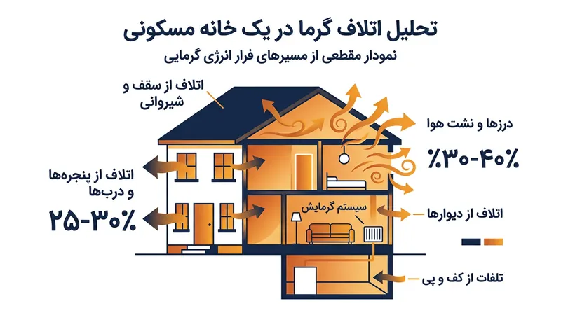سهم در و پنجره‌ها و منافذ هوا در کل هدررفت انرژی یک ساختمان مسکونی.