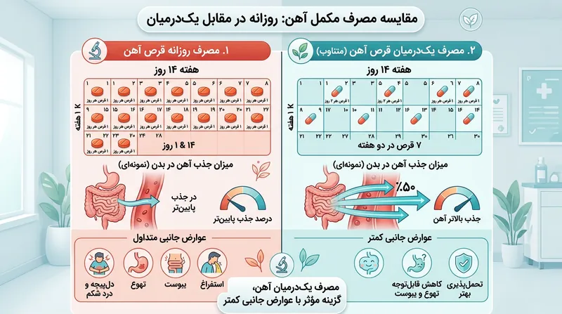 مصرف یک‌درمیان کل آهن دریافتی را نصف می‌کند، اما سهمی را که مستقیماً به جریان خون راه می‌یابد به اوج می‌رساند.