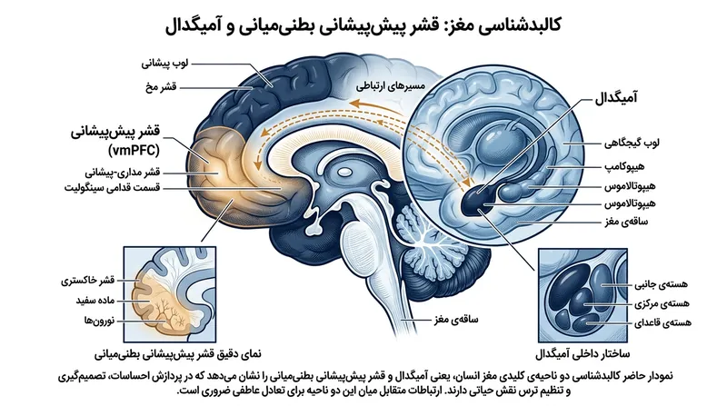 آمیگدال پاسخ اولیه ترس را ایجاد می‌کند، در حالی که قشر پیش‌پیشانی بطنی‌میانی مانند ترمز تنظیمی مانع بروز آن می‌شود.