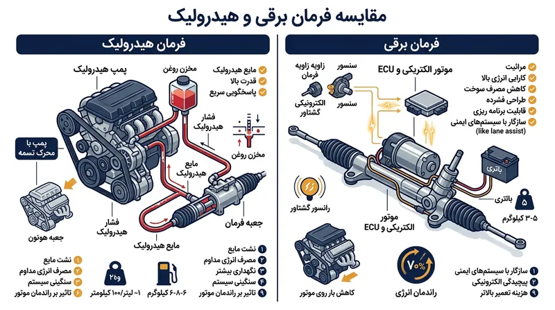 تفاوت ساختاری سیستم هیدرولیک (مبتنی بر پمپ و تسمه) و سیستم برقی (مبتنی بر موتور الکتریکی و ECU).