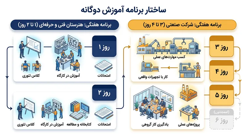 تقسیم‌بندی زمان در طول یک هفته کاری در نظام آموزش دوگانه.