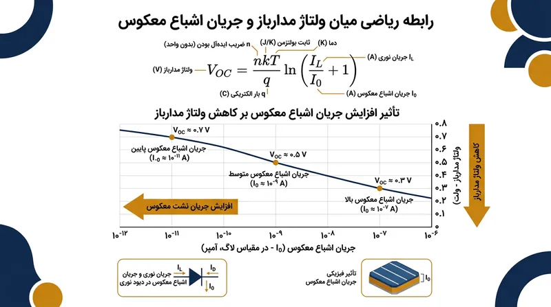 ولتاژ مدارباز نسبت معکوس لگاریتمی با جریان اشباع معکوس دارد.