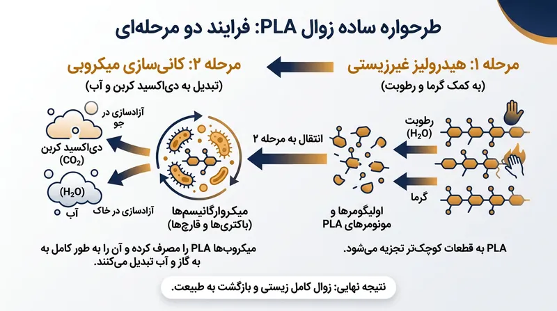 تجزیه PLA فرایندی دومرحله‌ای است که کاملاً به یک واکنش آغازین شیمیایی وابستگی دارد.