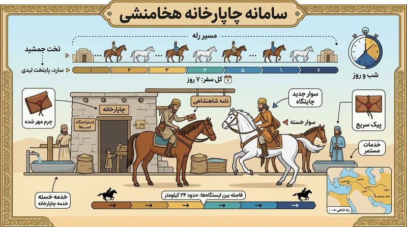 مکانیسم رله در چاپارخانه‌ها؛ تعویض اسب و پیک در فواصل ۲۴ کیلومتری.