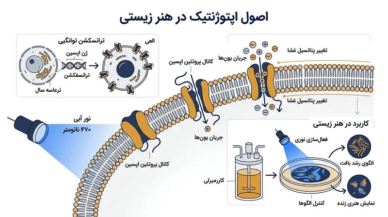 مکانیسم اپتوژنتیک: پروتئین‌های حساس به نور با دریافت طول موج‌های مشخص، جریان یون‌ها را در سلول‌ها کنترل می‌کنند.