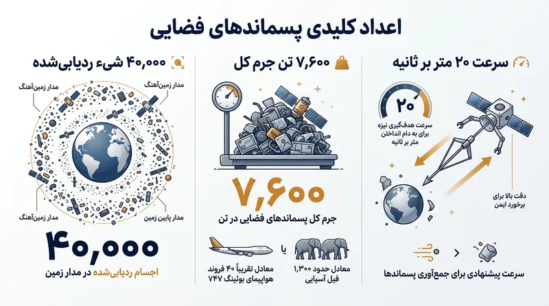آمار کلیدی زباله‌های فضایی و مشخصات عملیاتی قلاب‌های تسخیرکننده.