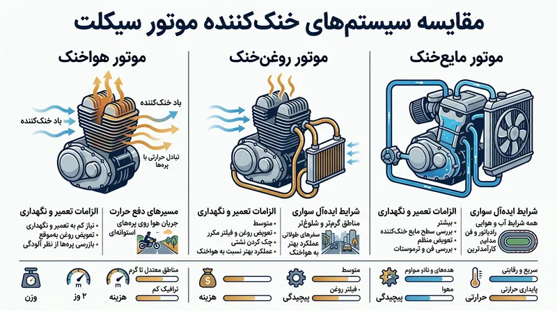 مقایسه مسیرهای انتقال حرارت و پیچیدگی نگهداری در سه سیستم خنک‌کاری موتورسیکلت.