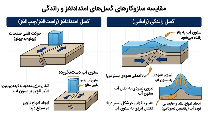 تنها جابه‌جایی‌های عمودی، مانند گسل‌های راندگی، ستون آب را بلند کرده و سونامی پدید می‌آورند.