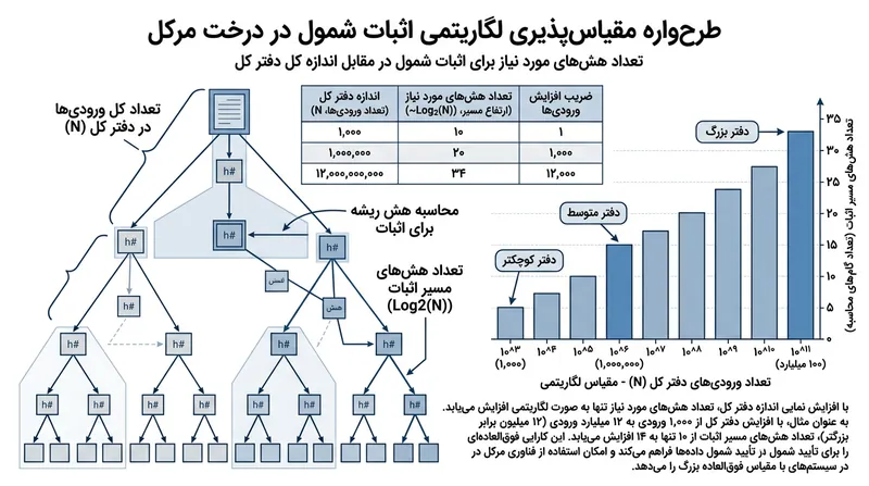 به خاطر ساختار دودویی درخت‌های مرکل، بار محاسباتی لازم برای راستی‌آزمایی گواهی تنها به شکل لگاریتمی افزایش می‌یابد.
