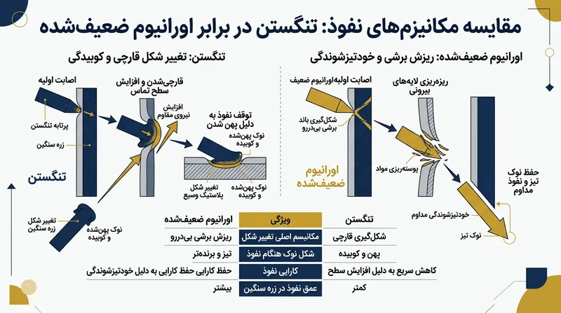 تنگستن در زمان برخورد پهن و قارچی می‌شود، اما اورانیوم با ریزش لبه‌های آسیب‌دیده نوک تیز خود را حفظ می‌کند.