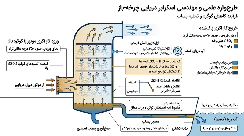 چگونگی انتقال آلودگی گوگرد از اتمسفر به دریا از طریق اسکرابر چرخه-باز.