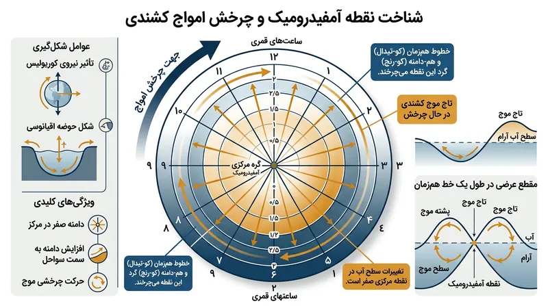 توده‌های خشکی قاره‌ها امواج کشندی را ناگزیر می‌کنند به جای حرکتی یکدست، پیرامون نقاط آمفیدرومیک کانونی بچرخند.