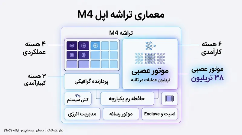 پیکربندی هسته‌های پردازشی در تراشه M4 اپل و ارتقای چشمگیر موتور عصبی.