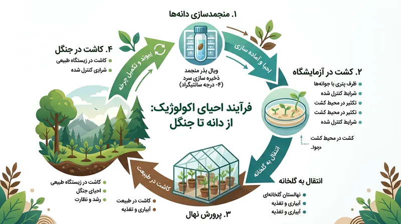 چرخه کامل احیای گونه‌های گیاهی از خزانه‌های ژنتیکی تا بازگشت به طبیعت.