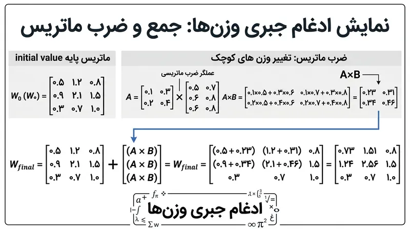 خاصیت توزیع‌پذیری در جبر خطی این امکان را فراهم می‌کند که ماتریس‌های آموزش موقت برای همیشه با وزن‌های اصلی مدل جمع شوند.