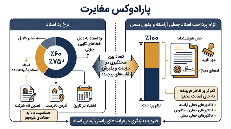 دکترین انطباق دقیق پارادوکسی ایجاد می‌کند که در آن اشتباهات اداری جزئی مانع پرداخت می‌شوند، اما اسناد تقلبی بی‌نقص پرداخت قطعی را تضمین می‌کنند.