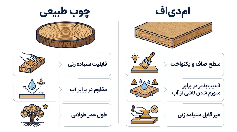 مقایسه ساختاری چوب طبیعی و ام‌دی‌اف؛ نفوذ آب به هسته ام‌دی‌اف باعث تورم غیرقابل بازگشت می‌شود.