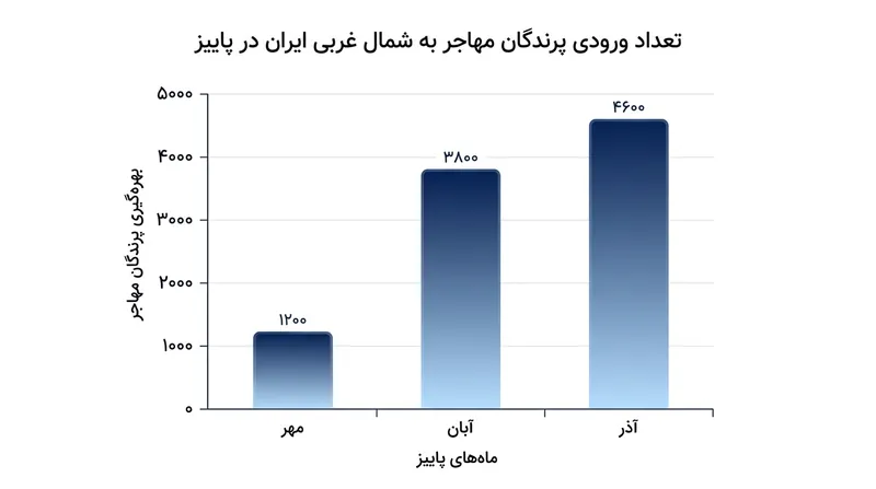 روند افزایش تدریجی جمعیت پرندگان مهاجر در زیستگاه‌های شمال غرب با کاهش دمای عرض‌های شمالی.