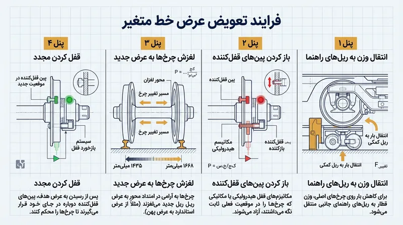 مراحل چهارگانه تغییر عرض چرخ‌ها در تاسیسات مرزی بدون نیاز به توقف قطار.