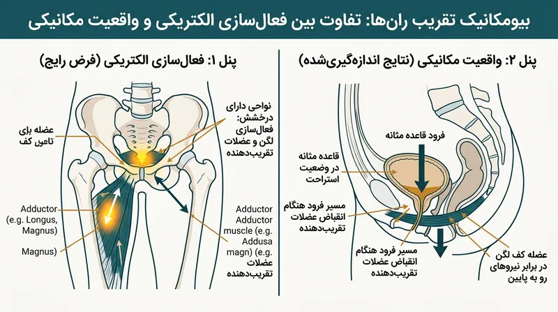 در حالی که الکترومیوگرافی از فعال بودن عضلات کف لگن هنگام فشردن ران‌ها حکایت دارد، سونوگرافی نشان می‌دهد این عضلات در حقیقت به سمت پایین رانده می‌شوند.