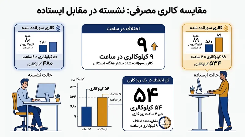 هزینه انرژی ناشی از ایستادن برای یک فرد بزرگسال ۶۵ کیلوگرمی، تنها ۹ کالری اضافه در ساعت است.